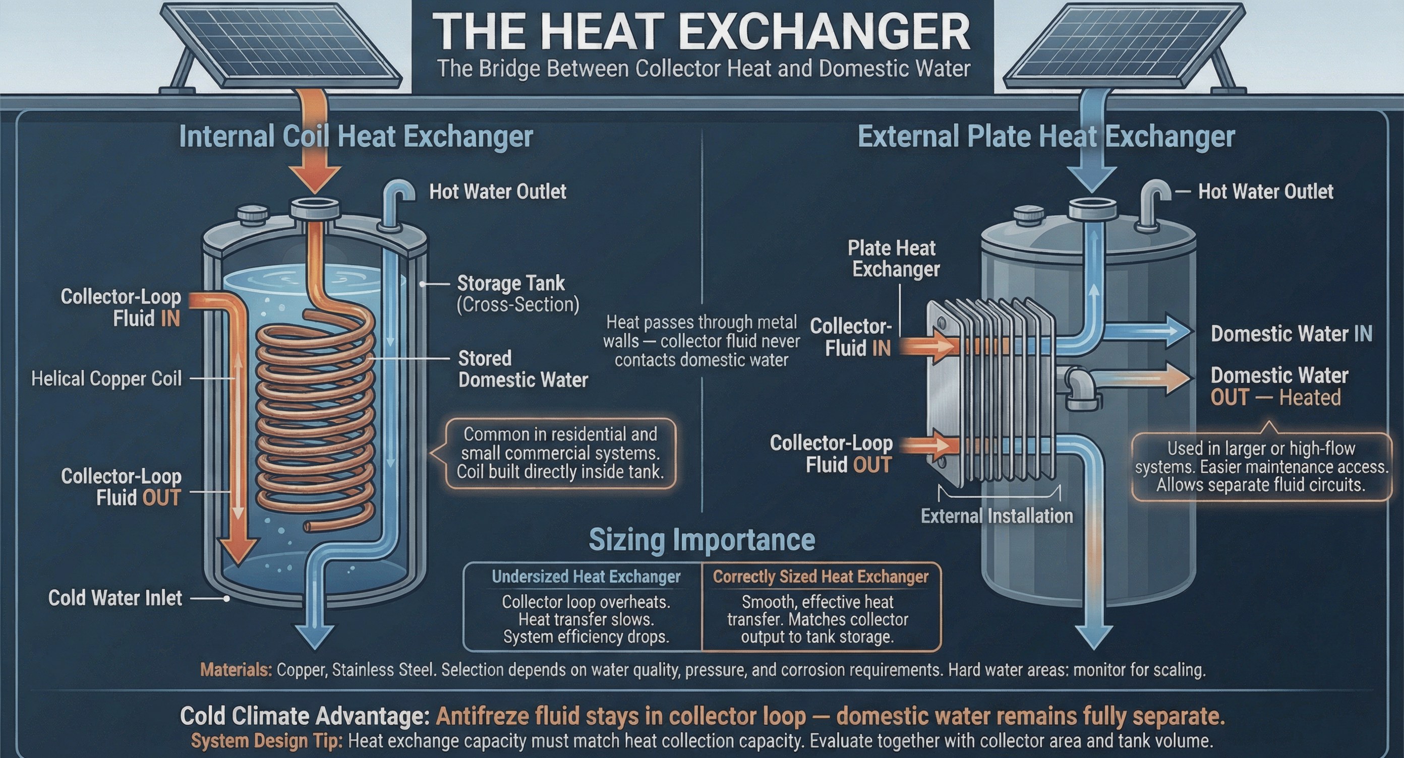 Split solar water heater heat exchanger types showing internal coil heat exchanger and external plate heat exchanger for transferring collector heat to domestic water